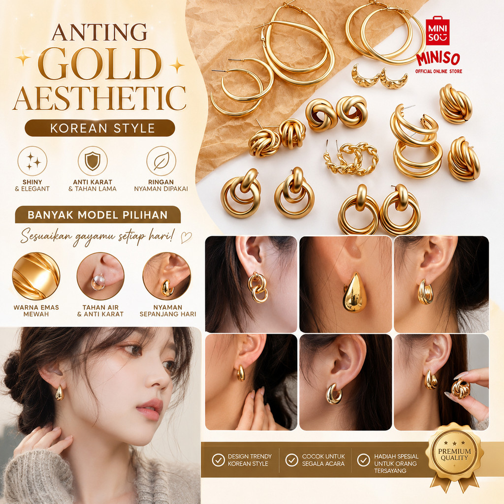 MINISO BALI | Anting Hijab / Anting Drop Air Emas / Anting Tusuk Hoop Earring / Aksesoris Fashion Wa