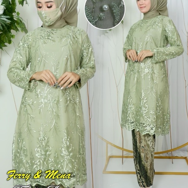 Set Kebaya Tunik Tille Jumbo Modern, Baju Kondangan Wanita Kekinian dengan Rok Plisket, Tersedia Uku