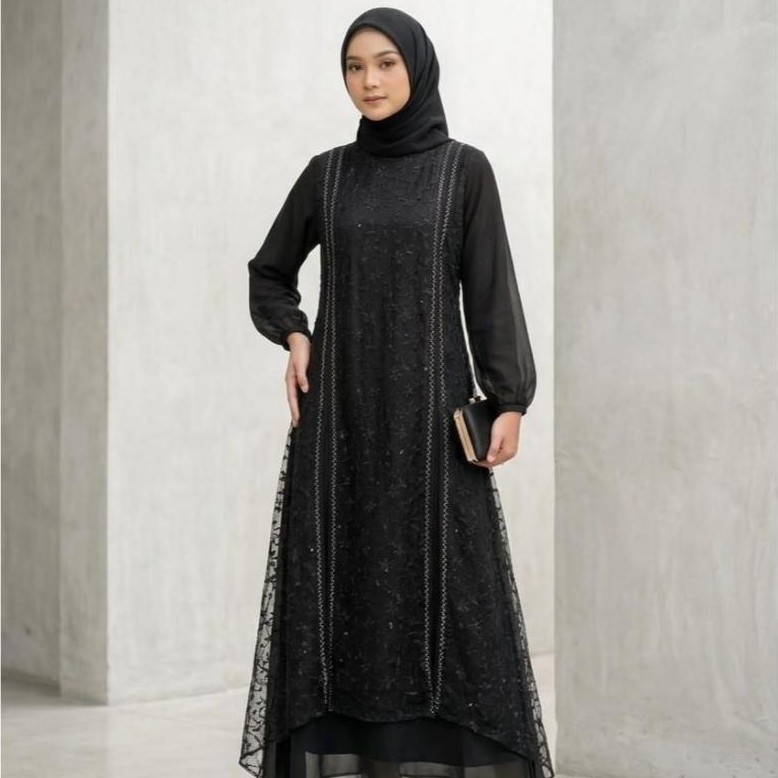 GAMIS CERUTTY MIX BROKAT SWAROVSKI  PESTA HAYYA DRESS FULL FURING-GAMIS BURKAT HITAM KONDANGAN BRIDE