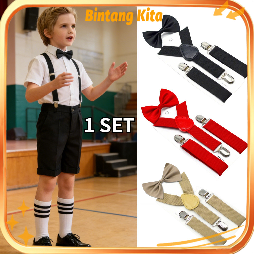 Set 2 Pcs Suspender Dan Dasi Kupu Kupu Anak / Warna Solid Suspender Set