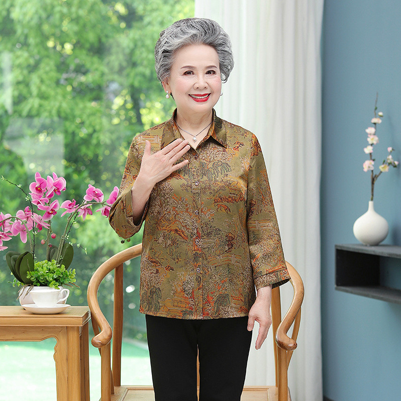 Menengah-tua musim panas wanita san sutra kaos 70 tahun 80 wanita ibu lengan panjang top nenek sutra