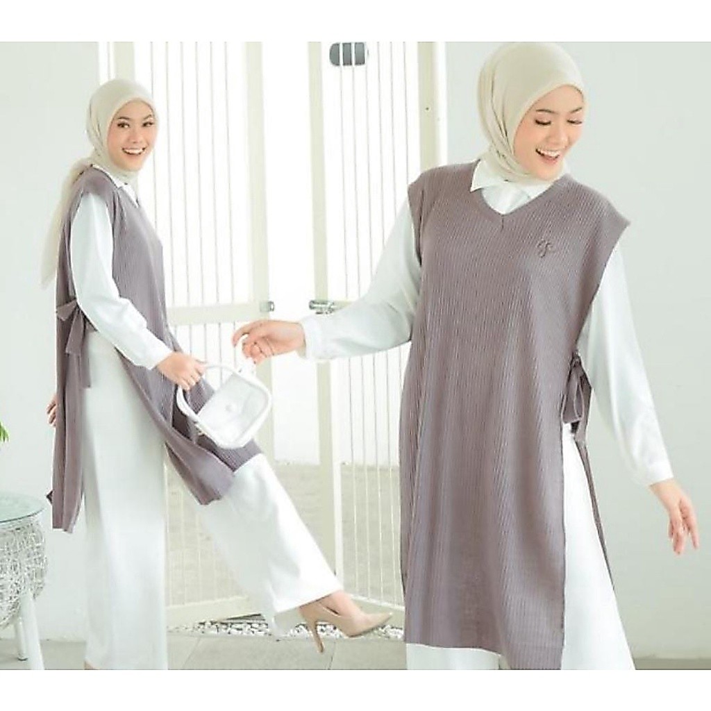 Vest Rajut Salur Kerah V Panjang / Rompi Rajut Premium /Vest Rajut Oversize Panjang