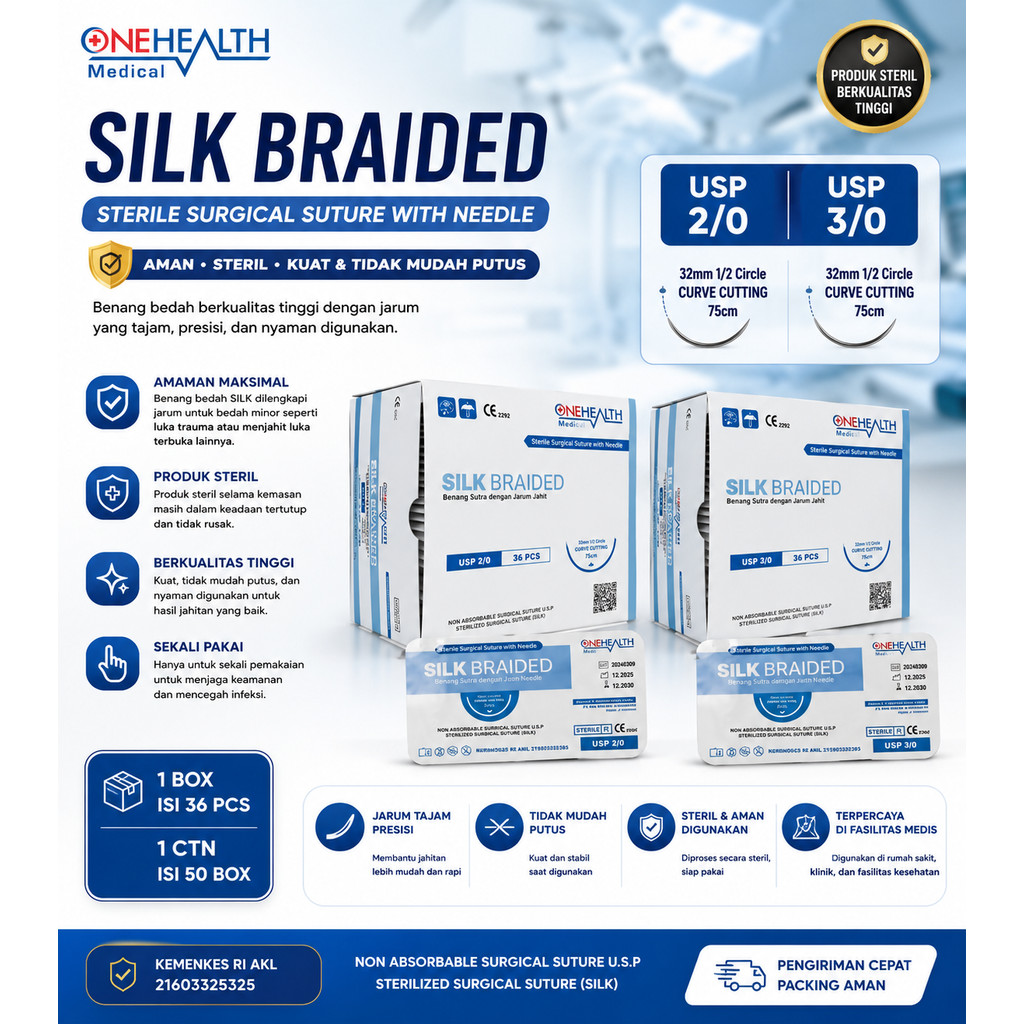 Silk Braided Surgical Suture OneHealth USP 2/0 USP 3/0 Benang Bedah Dengan Jarum Steril Benang Jahit