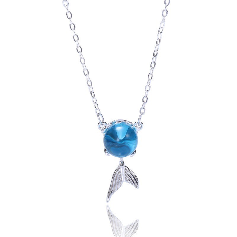 Kalung Wanita Liontin Ekor Mermaid Perak Biru Bola Kristal Baja Titanium Sederhana Fashion Elegan Ak