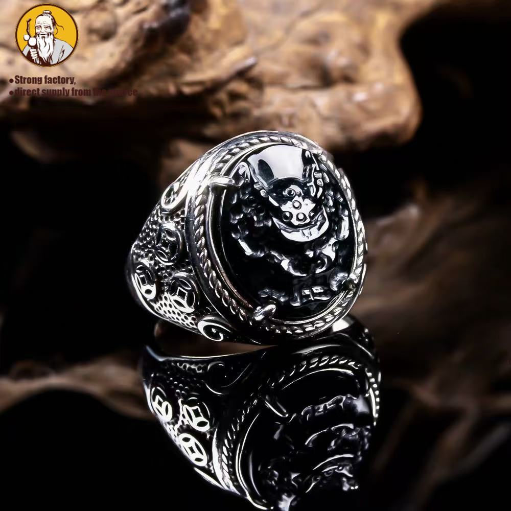 Cincin naga giok alami, giok tinta Sebuah produk cincin naga bertatahkan giok perak, cincin terbuka