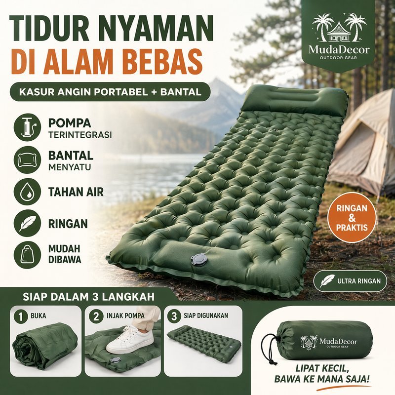 Matras Tidur Camping Portable Built In Pompa Bantal Anti Air Lipat Ringan Outdoor Hiking