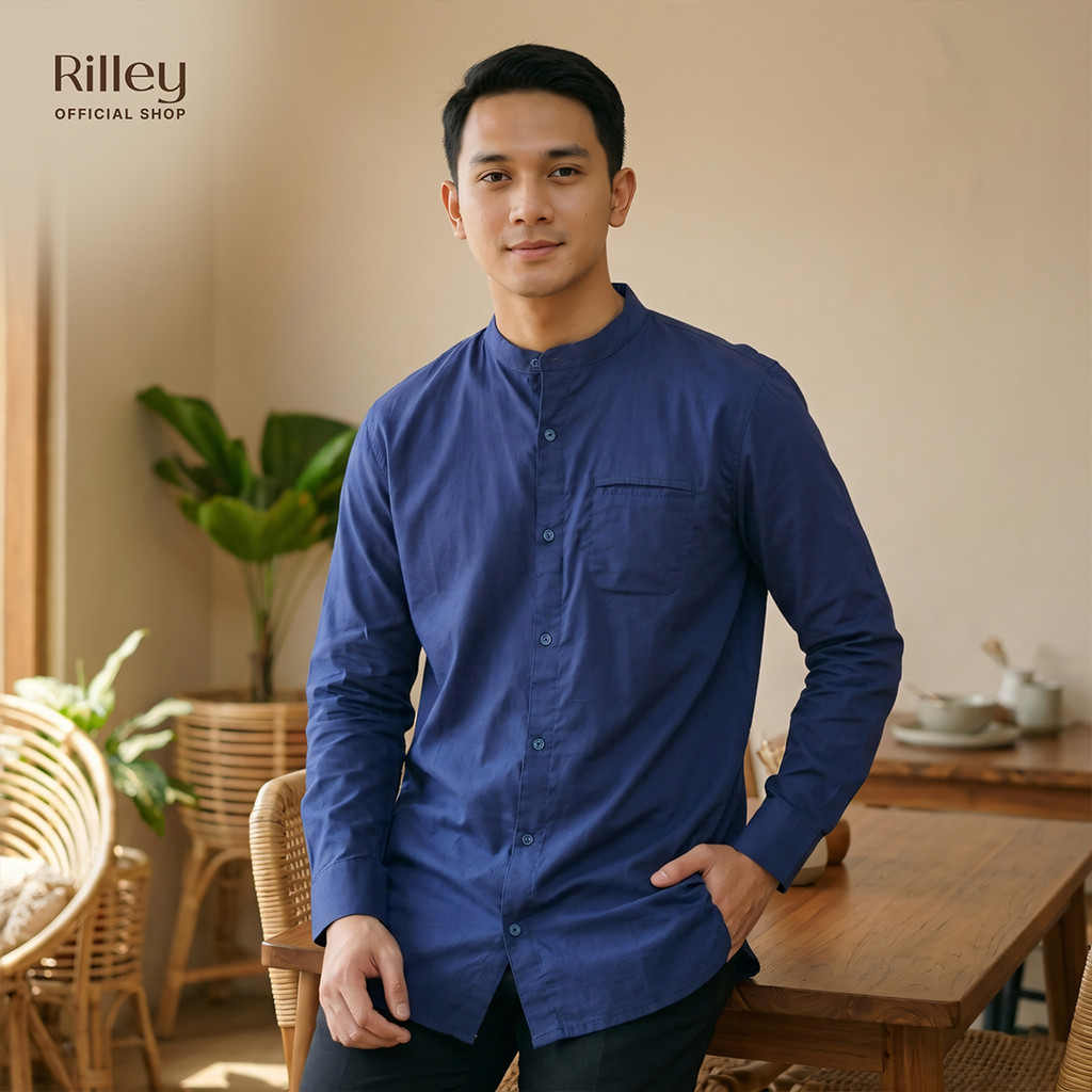 RILLEY - Aswad Baju Kemeja Koko Pria Lengan Panjang Hitam Putih Navy Biru Cream