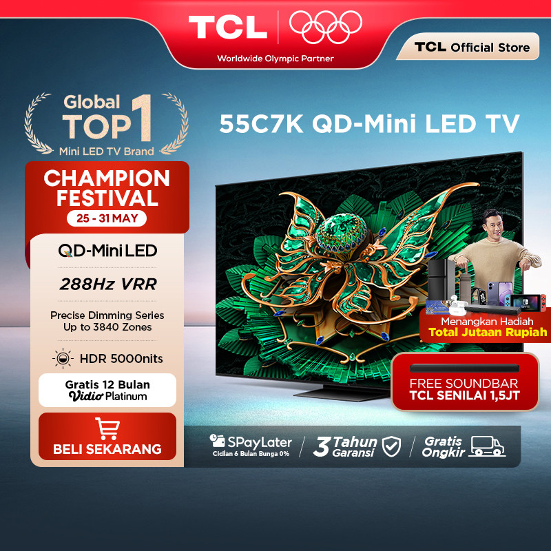 TCL 4K QD-Mini LED TV 55 Inch C7K - up to 2048 Dimming Zone - 3000 Nits - 144Hz - Google Assistant/G