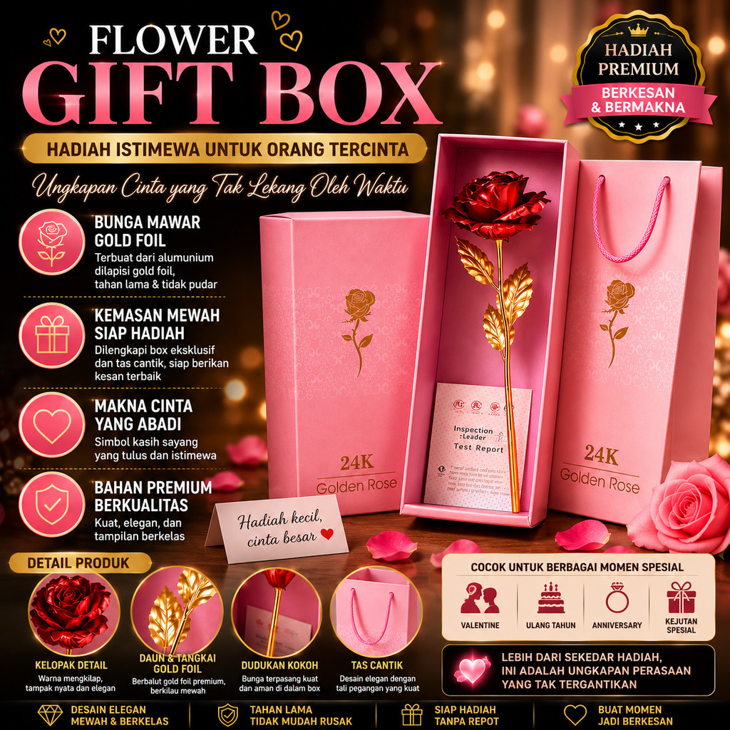 Paket Flower Gift Box Bunga Imitasi Alumunium Gold Foil Flower Rose Hadiah Ulang Tahun Cinta Valenti