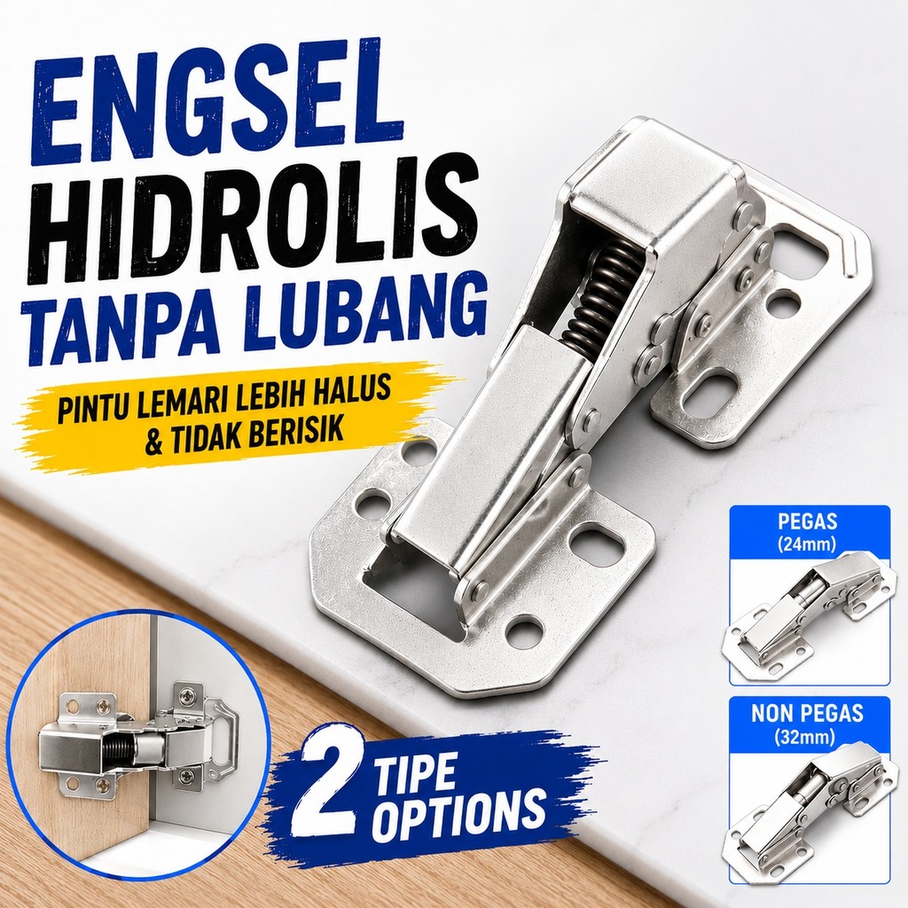 Engsel Peredam Hidrolik Lemari Tanpa Bor, Engsel Jembatan Anti Benturan