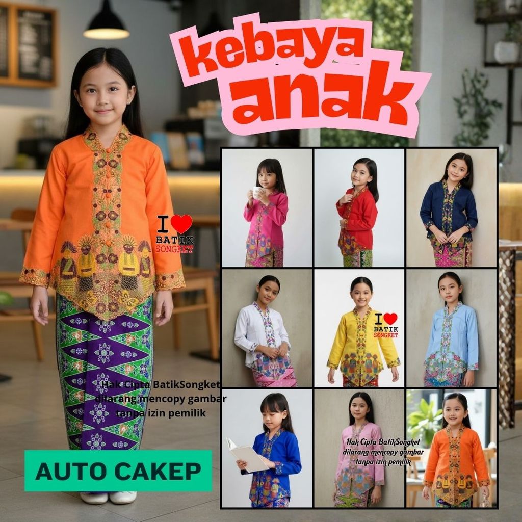 KEBAYA ANAK PEREMPUAN ONDEL WARNA  MODERN TK SD SMP ENCIM BORDIR MERAK SET WISUDA MODERN LASER HIJAB