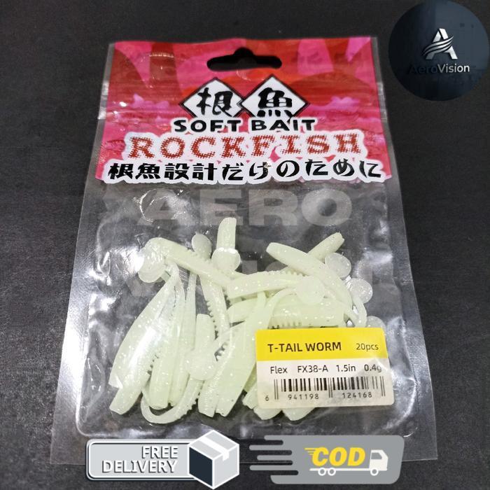 Softlure tipe T Tail Worm Softbait Rockfish Tsurinoya  1 pack isi 20 pcs umpan Pancing Ikan - Putih