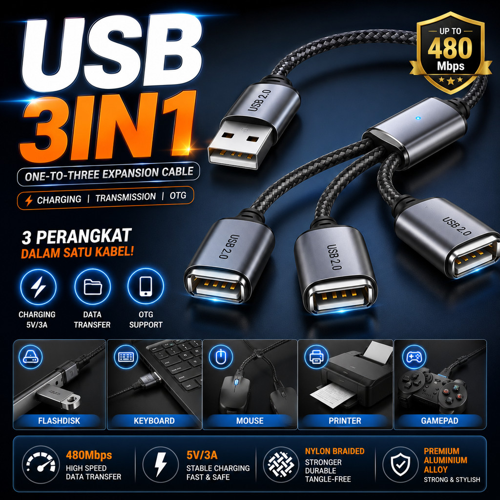 Kabel Splitter USB Type A 3 Cabang 3in1 480Mbps 5V 3A Male To 3 Female Aluminium Nylon Braided Hub C