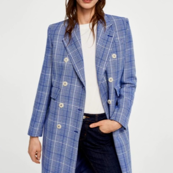 Namirazka Coat Wanita Panjang Kotak-Kotak Biru | Korean Style Basic Cotton Long Coat Trendy Outer Ce