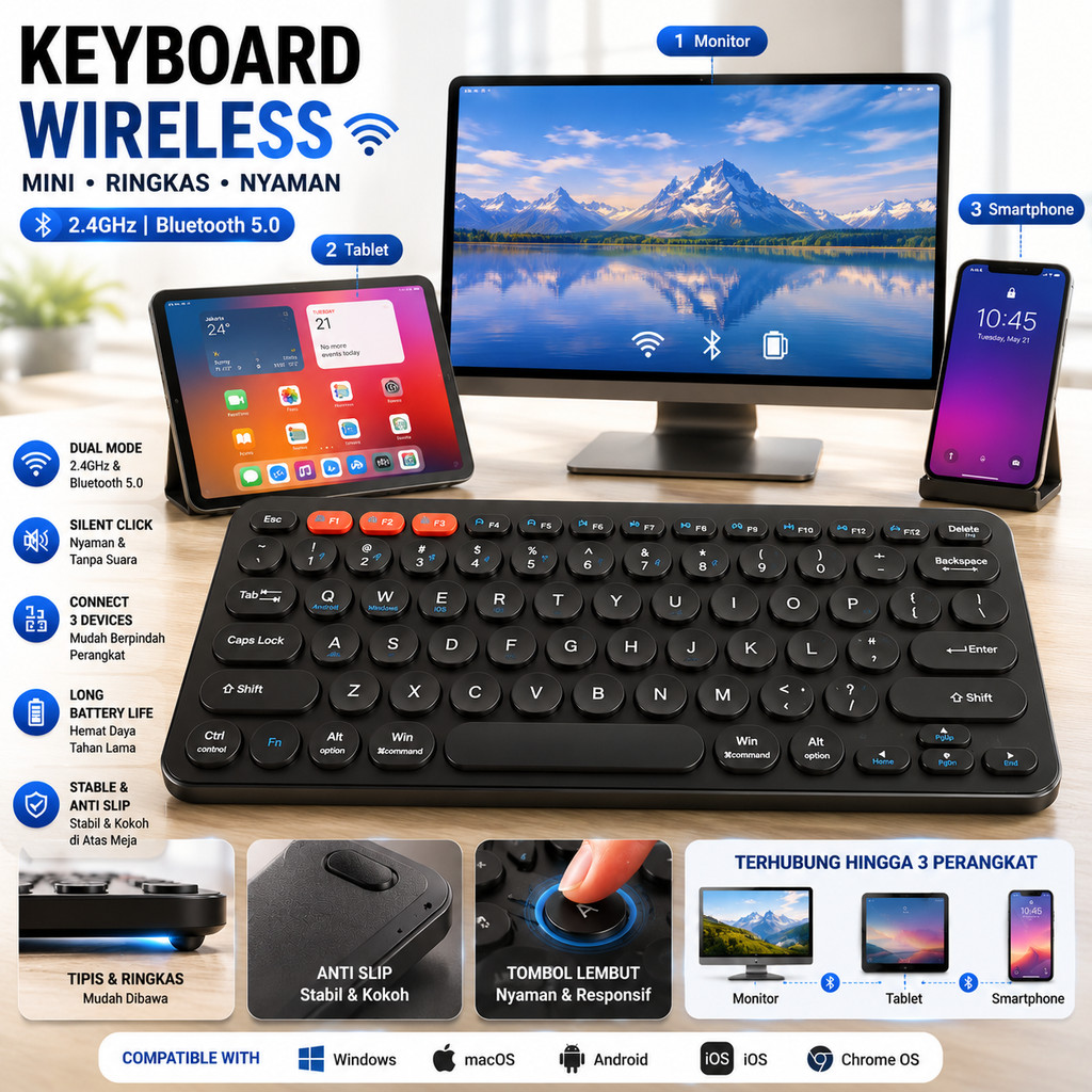 Keyboard Wireless Minimalis Dual Mode Bluetooth 5.0 2.4GHz Koneksi Multi-Device 3 Perangkat Silent K