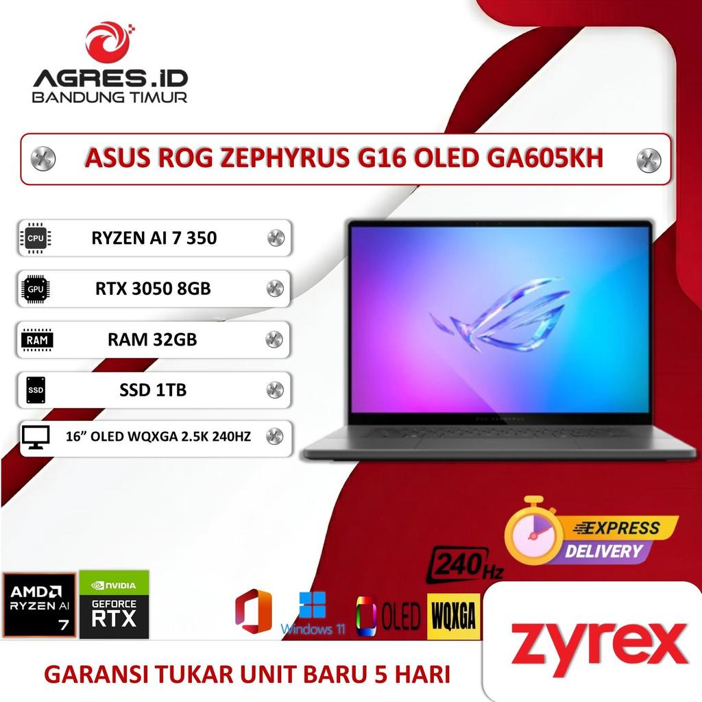 ASUS ROG ZEPHYRUS G16 OLED GA605KH RYZEN AI 7 350 RTX 5050 8GB RAM 32GB SSD 1TB WIN 11+OHS+M365B 16"