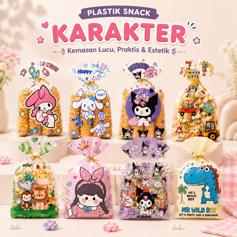 50 PCS Goodie Bag Multi Character Lucu Plastik Snack Anak Mermaid Bunny Dino Duck Astronaut Safari A