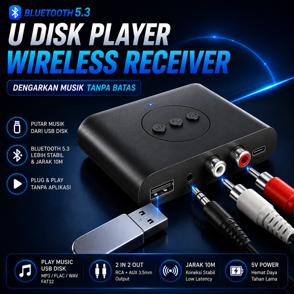 Bluetooth Receiver 5.3 Audio Adapter AUX 3.5mm RCA NFC USB Flashdisk MP3 FLAC FAT32 Plug Play Wirele