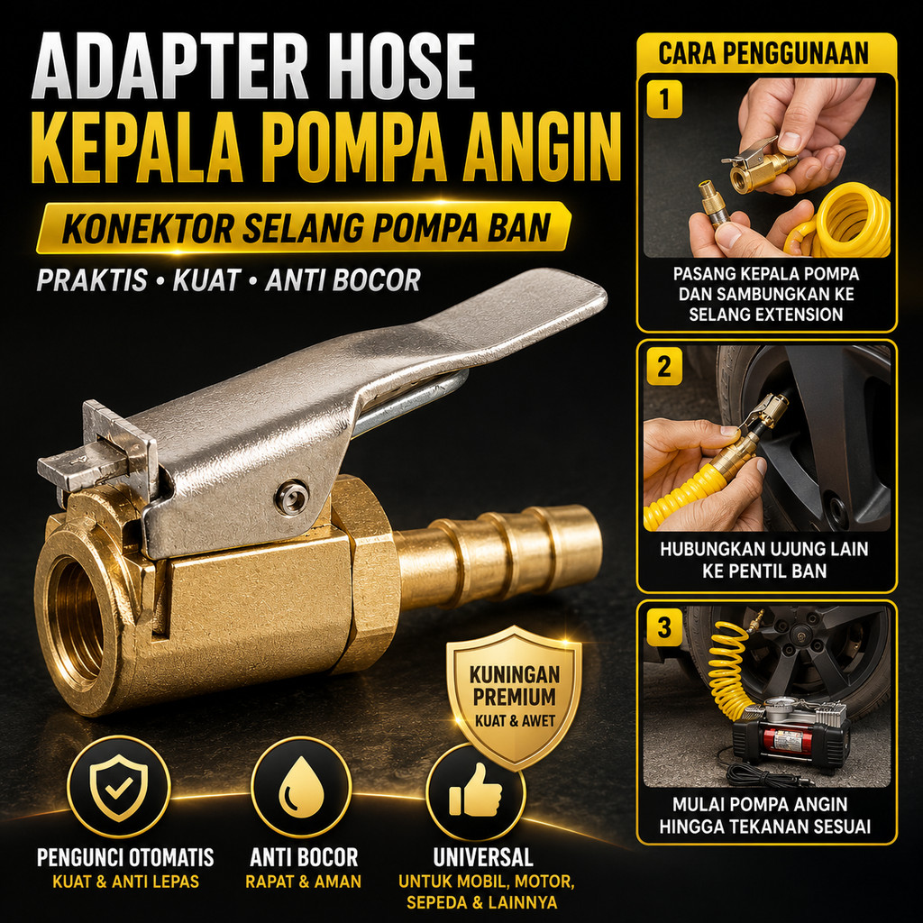 Adapter Hose Kepala Pompa Angin Ban Konektor Selang Pompa Ban Mobil Motor Sepeda Chuck Air Inflator 