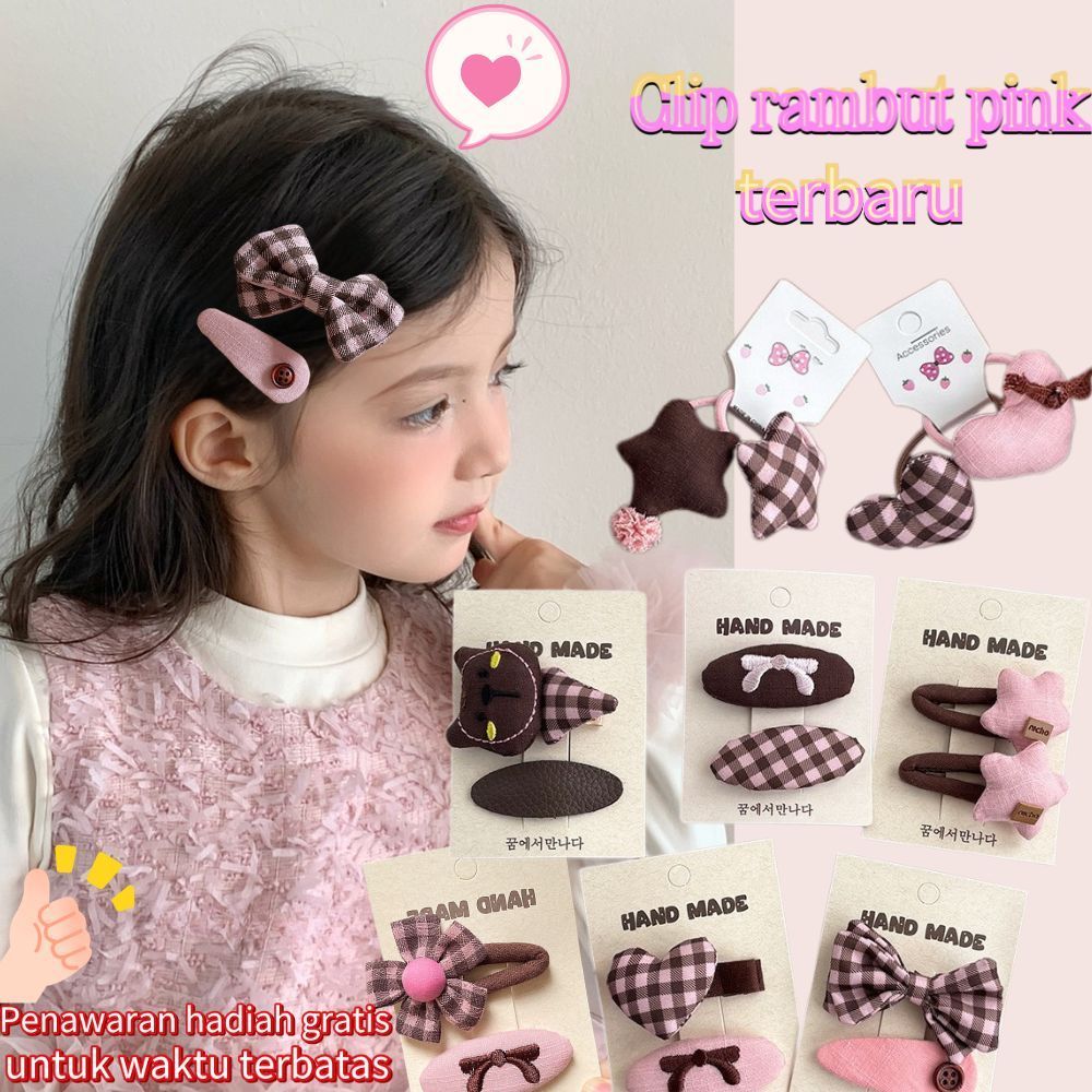Set Aksesoris Rambut Anak Kotak-Kotak Pink Coklat Kombinasi Jepit & Ikat Rambut