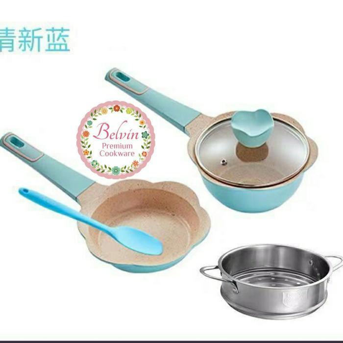 Belvin flower baby cookware set 18cm 18 cm fry sauce pan panci mpasi - Biru Muda, 18cm PACKING