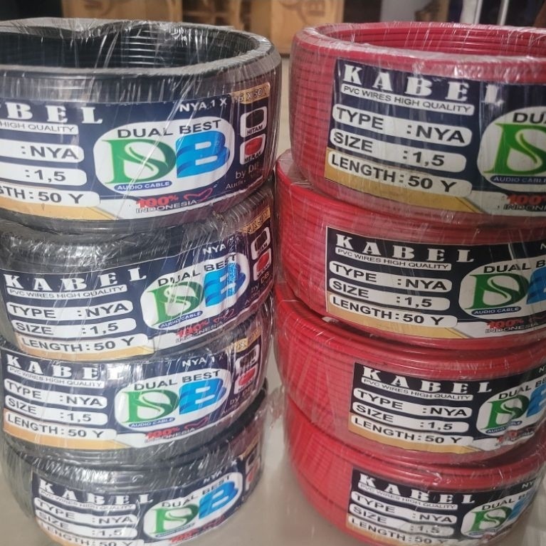 Kabel engkel NYA 1.5mm² 50 Yard - Tembaga Campuran PVC Berkualitas Tinggi, Warna Hitam dan Merah