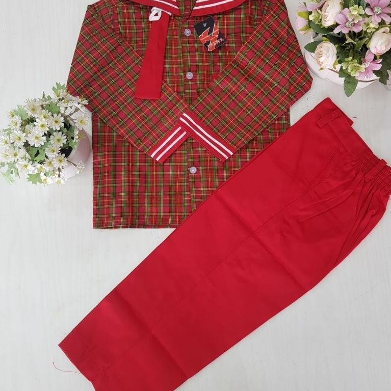 Free Ongkir Baju Seragam Kotak Merah Panjang Tk /Paud