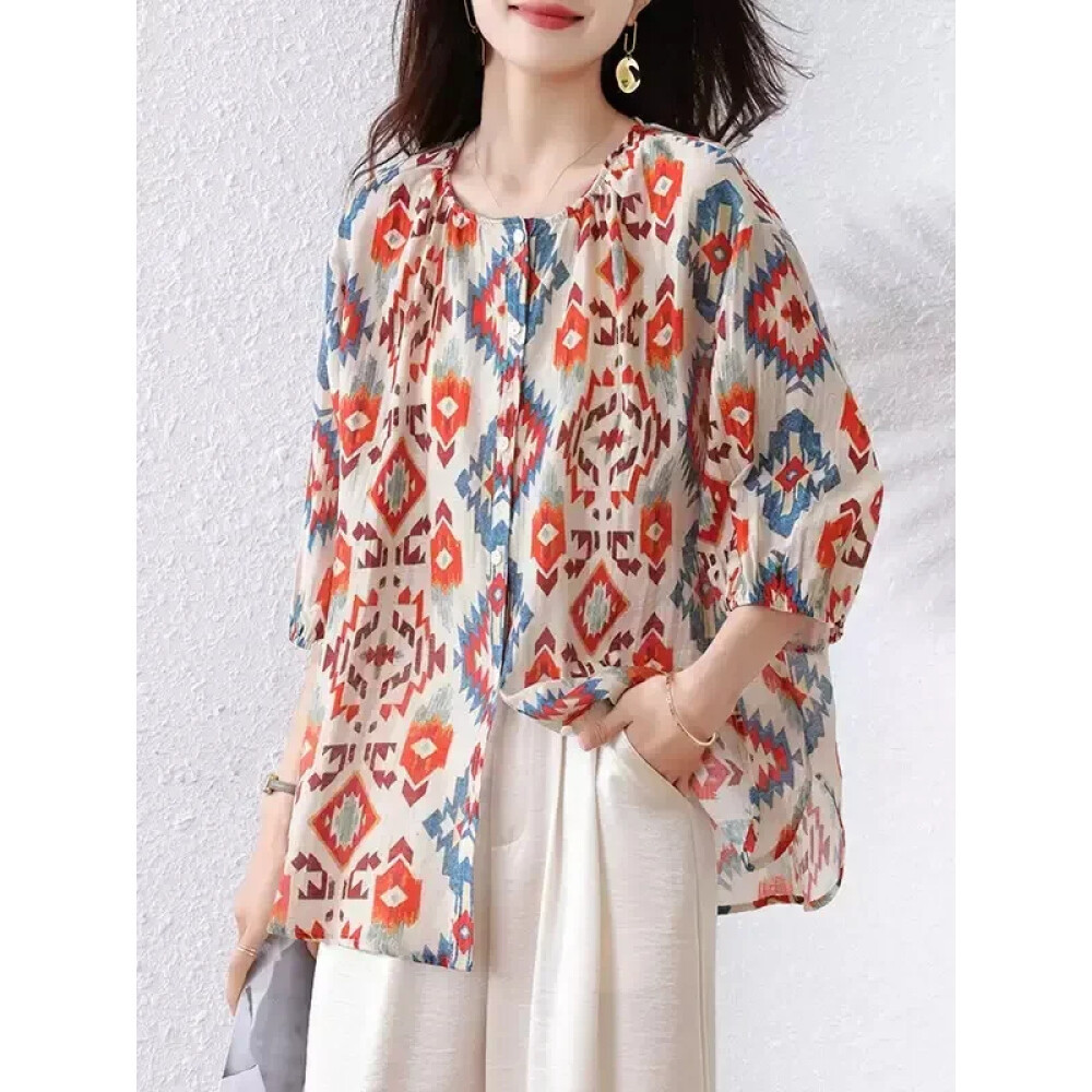 Blouse Wanita Motif Etnik Kerah Bulat Lengan 3/4 Longgar Kasual Modis Blouse Wanita Atasan Wanita