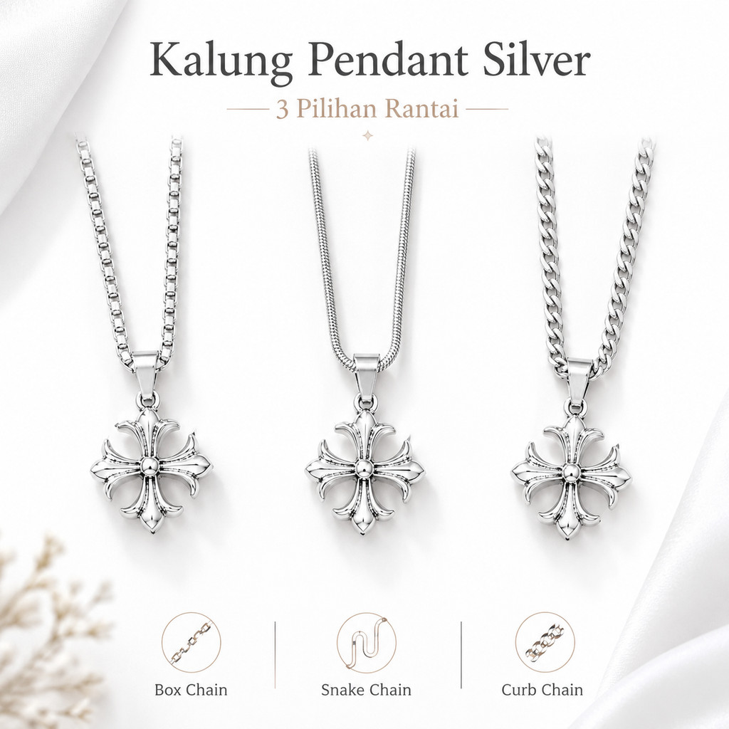 CHROME HEARTS NECKLACE-KALUNG TITANIUM SILVER PRIA WANITA ANTI KARAT TIDAK LUNTUR