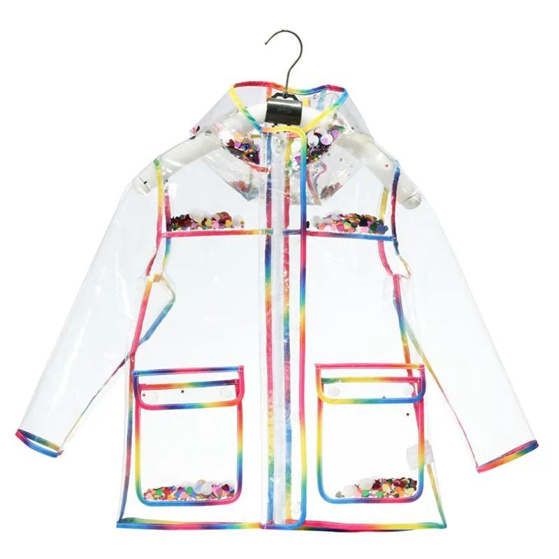 Transparent Rainbow Colorful Edge Kids Raincoat Waterproof TPU Children Windproof Rain Coat Jacket W