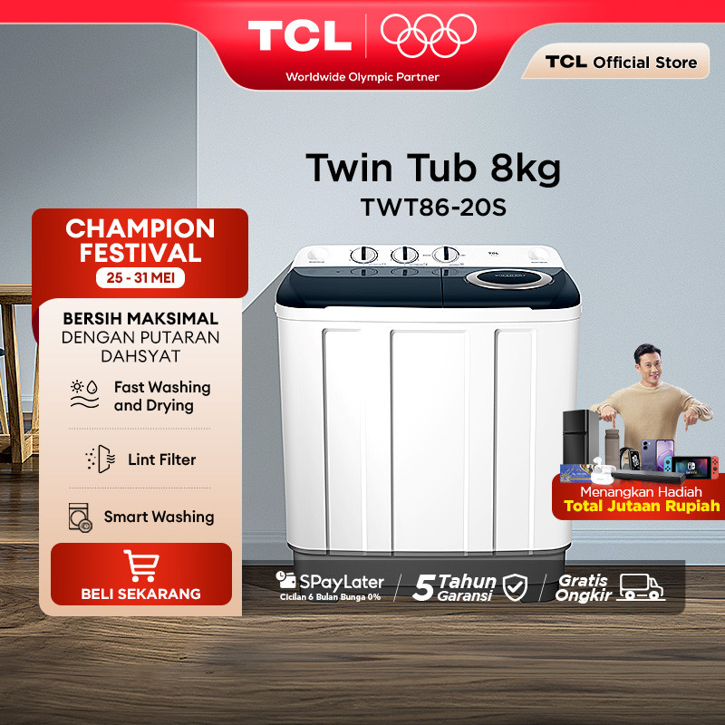TCL Mesin Cuci 2 Tabung - Twintub 8KG - Lint Filter - Anti Karat - Anti Tikus (Model: TWT86-20S)