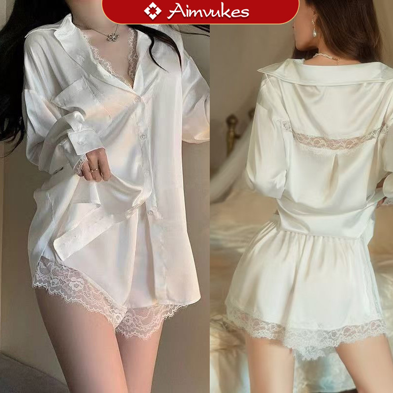 Aimvukes- Baju Tidur Kemeja Piyama Set Kemeja Celana Pendek Renda Lace Lengan Panjang Sexy Baju Ruma