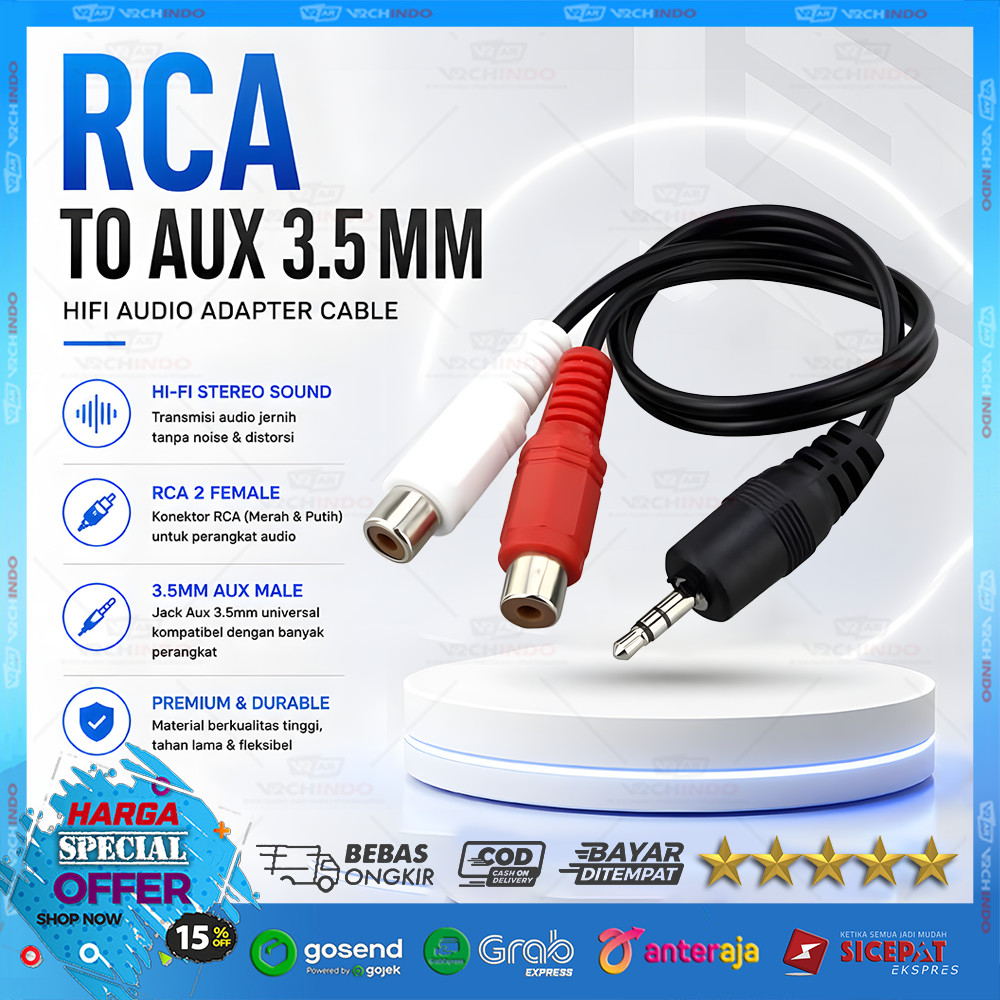 Kabel Audio RCA ke AUX Female / Stereo Converter / Adapter | TV DVD ke Speaker & Amplifier | Anti No
