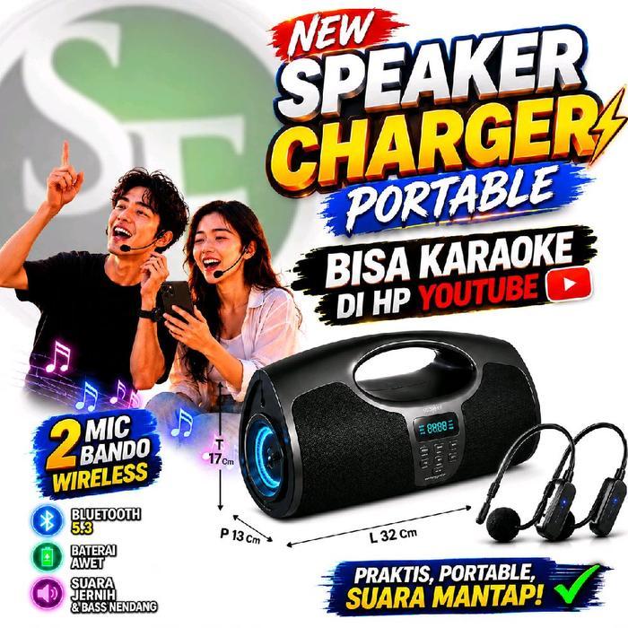 New Speaker Charger Portable Karaoke Bluetooth  + 2 Mic Bando Wireless Dusenberg