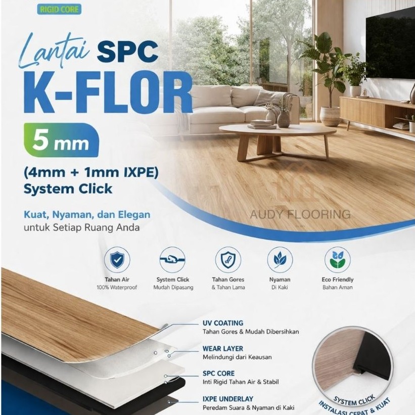 Lantai SPC K-flor Tebal 5mm (4mm+1mm Ixpe) | Lantai SPC Motif Kayu | Click System