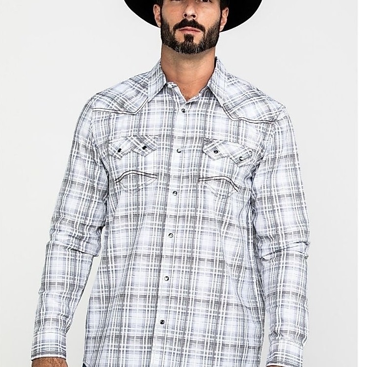 Preloved Kemeja Pria Cody James Long Sleeve Western Sawtooth Snap Shirt - White Plaid