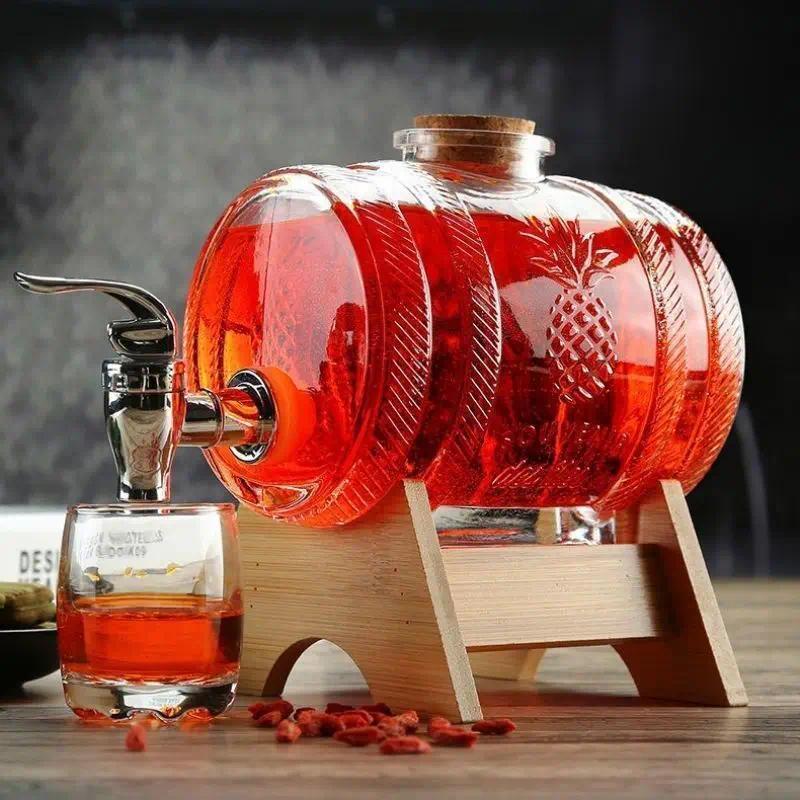 1L Glass Whiskey Barrel Wine Barrel Beer Bottle Fruit Aging Alcohol Honey Storage Container With Bas
