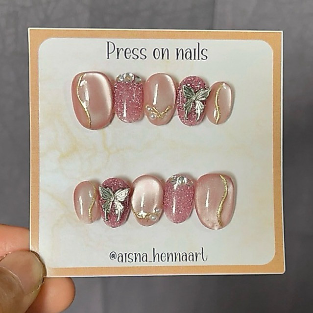 Fake nails butterfly pink jelly kekinian lucu dan cantik Free le dan toolkit kuku palsu Aestetic
