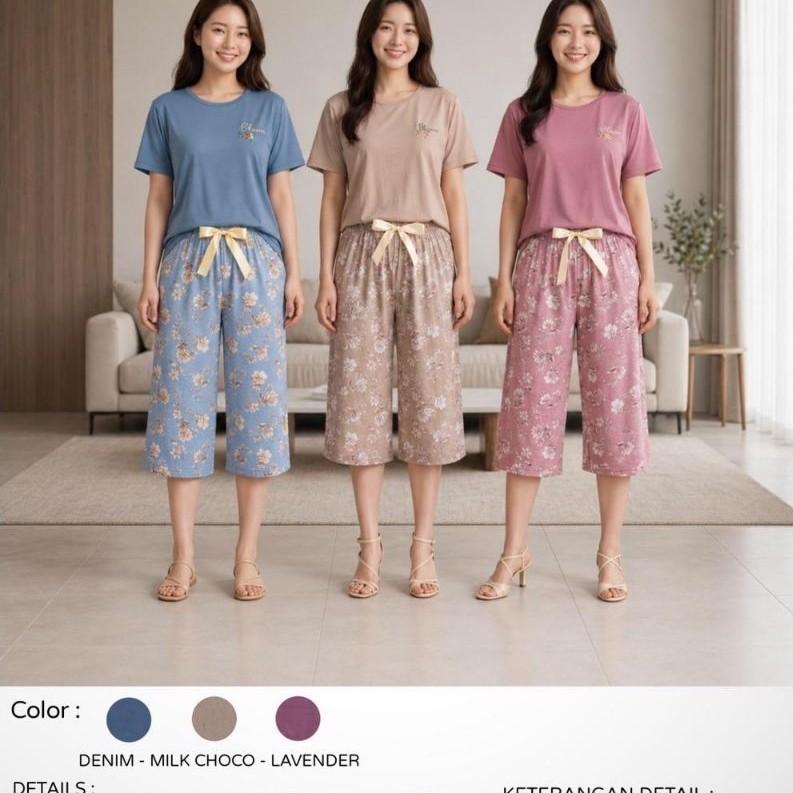 ANNE CLAIRE - Setelan U - Neck Rose Flower / Setelan Celana Kulot 3/4 / Setelan Lengan pendek dan Ce