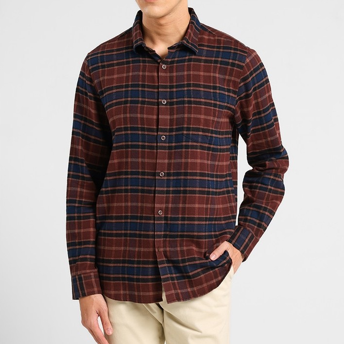 MANZONE - Kemeja Kotak-Kotak Lengan Panjang Pria Kaysen 02 Modern Fit - Brown