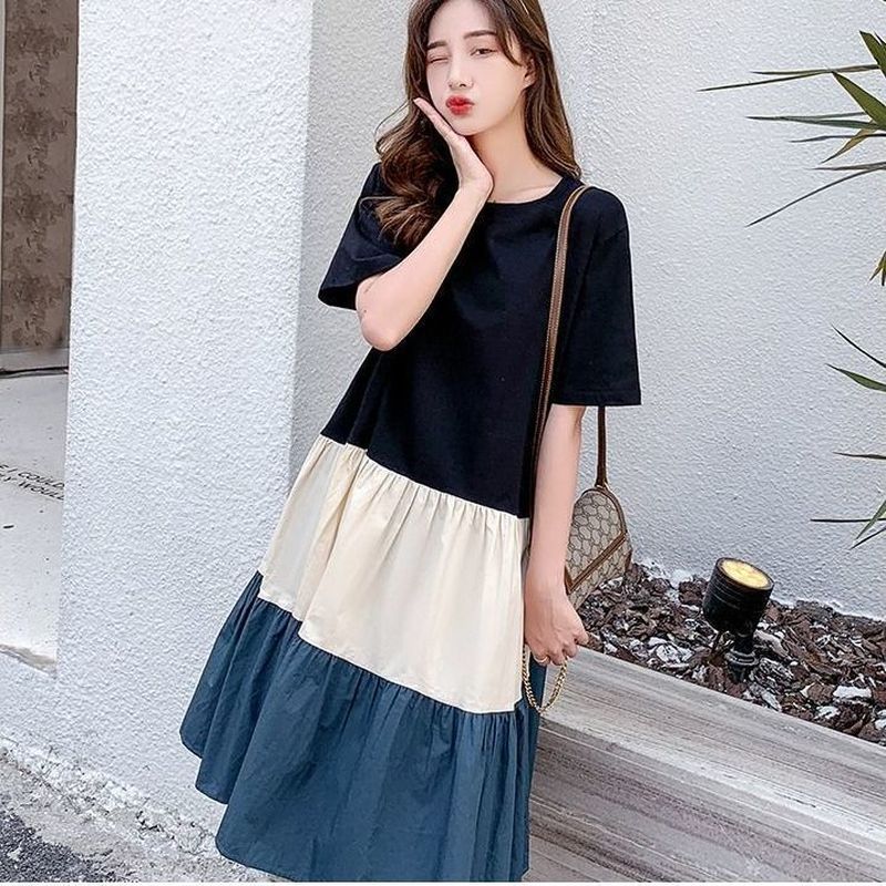 Dress Wanita Longgar Kombinasi Warna Elegan