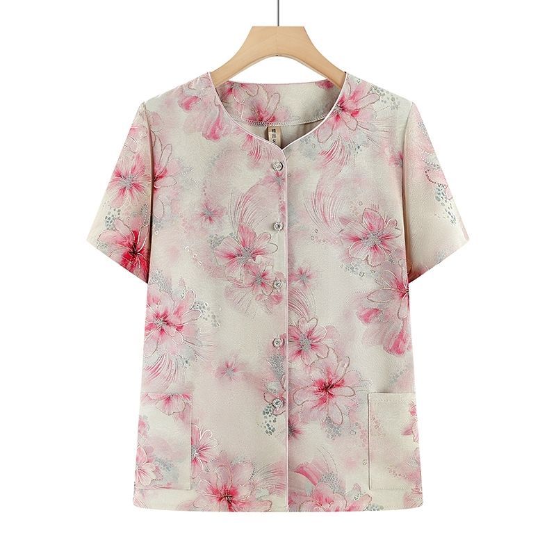 Atasan Wanita Lansia Kerah Bulat Lengan Pendek Musim Panas Baju Ibu Nenek Model Baru Ringan