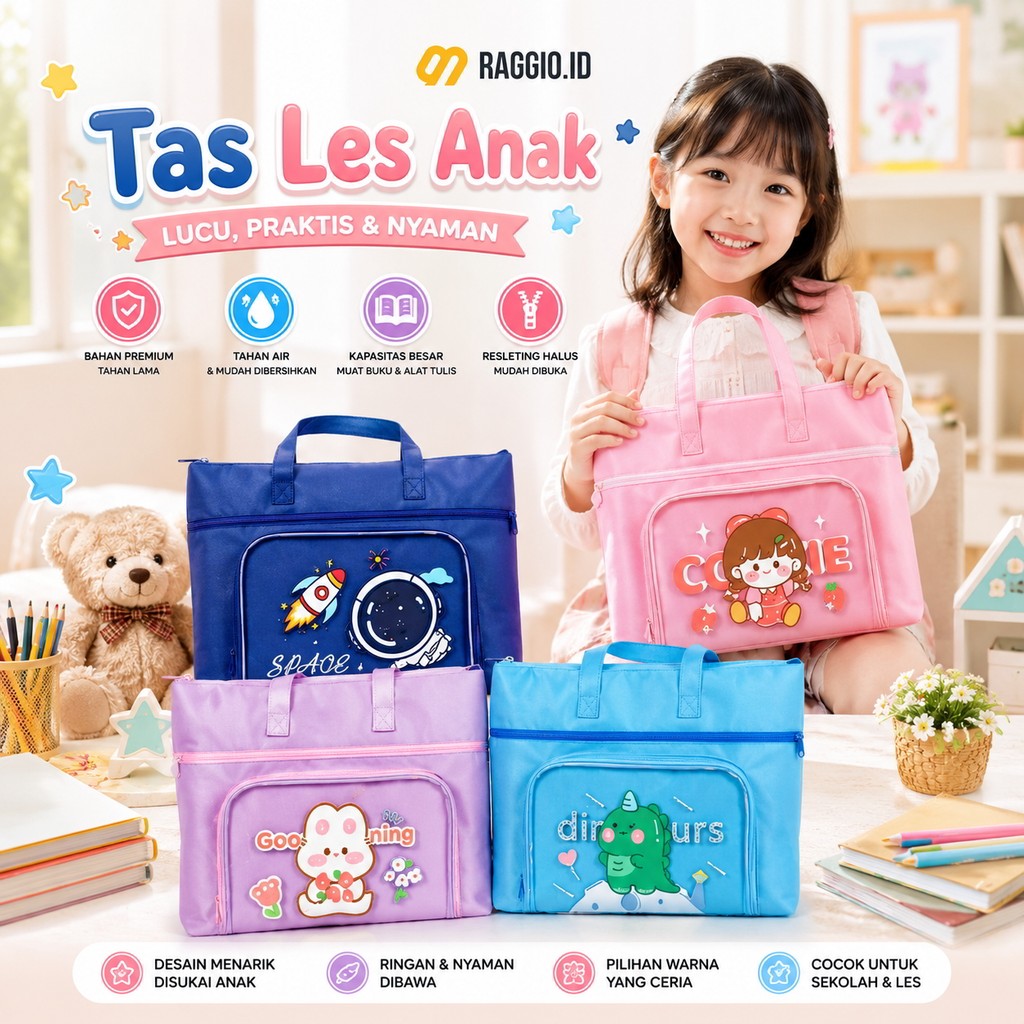 Tas Les Anak Waterproof 3 Layer – Tas Kursus SD Korea Cewek Cowok Tote Aesthetic