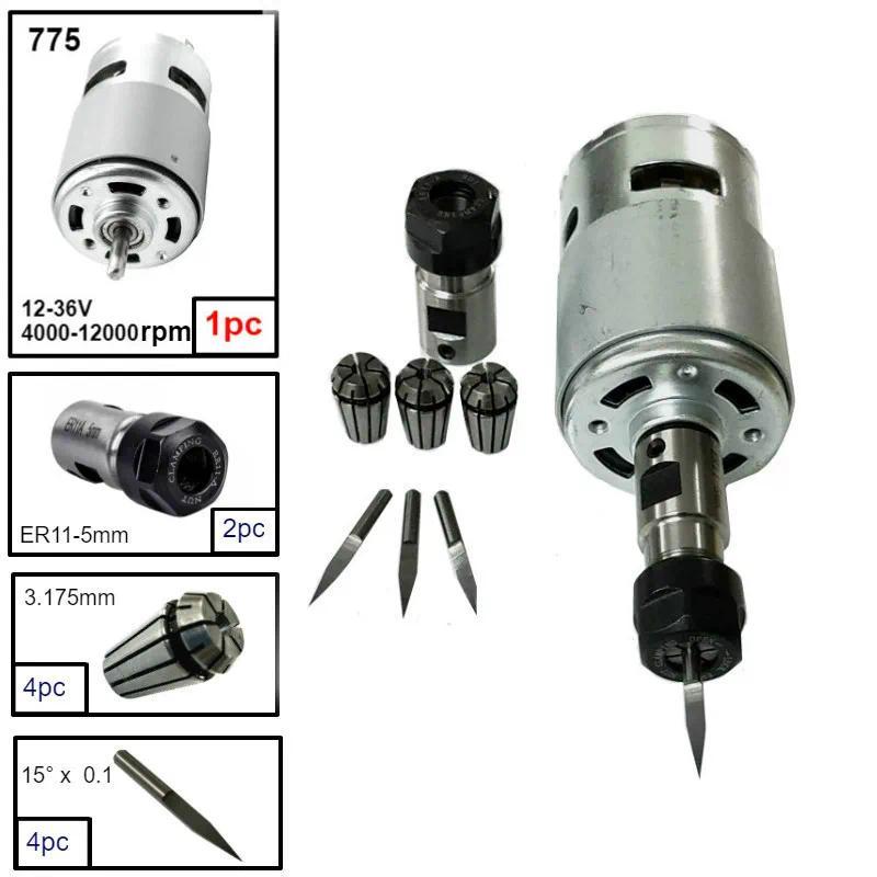 775 DC Motor 12-36V 4000-12000 RPM Ball Bearing Spindle Motor with ER11 Extension Rod High Power for