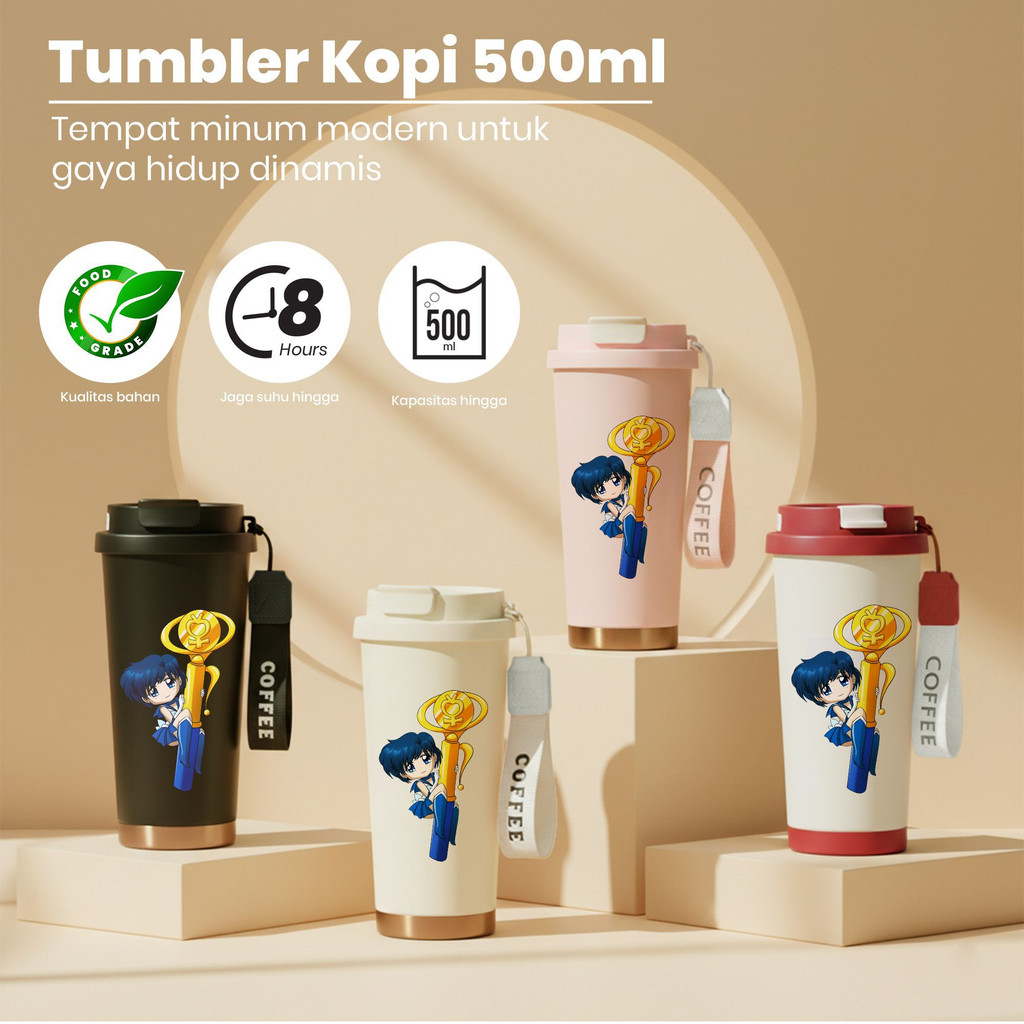 Tumbler Kopi Stainless Steel 316 500ml UV Print Karakter Kartun Tutup + Tag COFFEE, Tahan Suhu Hingg