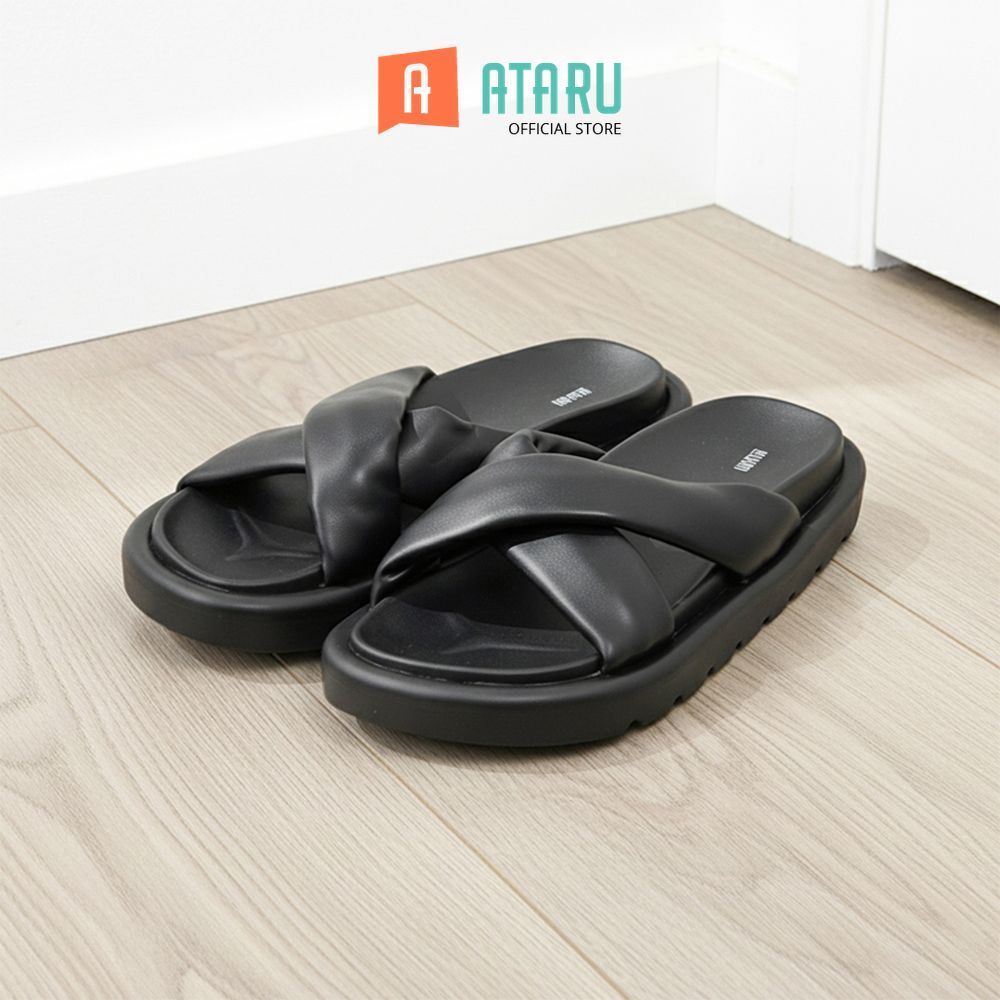 Ataru Ukuran 37 Sandal Wanita Slide Pu Cross Strap - Hitam Women Slipper Sendal Kasual Outdoor Indoo
