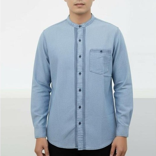 TOPTEN Kemeja Koko Pria Polos Lengan Panjang Bahan Denim Warna Biru