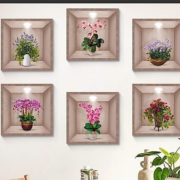 Wallpaper Stiker Dinding 3 Dimensi Motif Bunga Bunga Dalam Pot 6 Pcs
