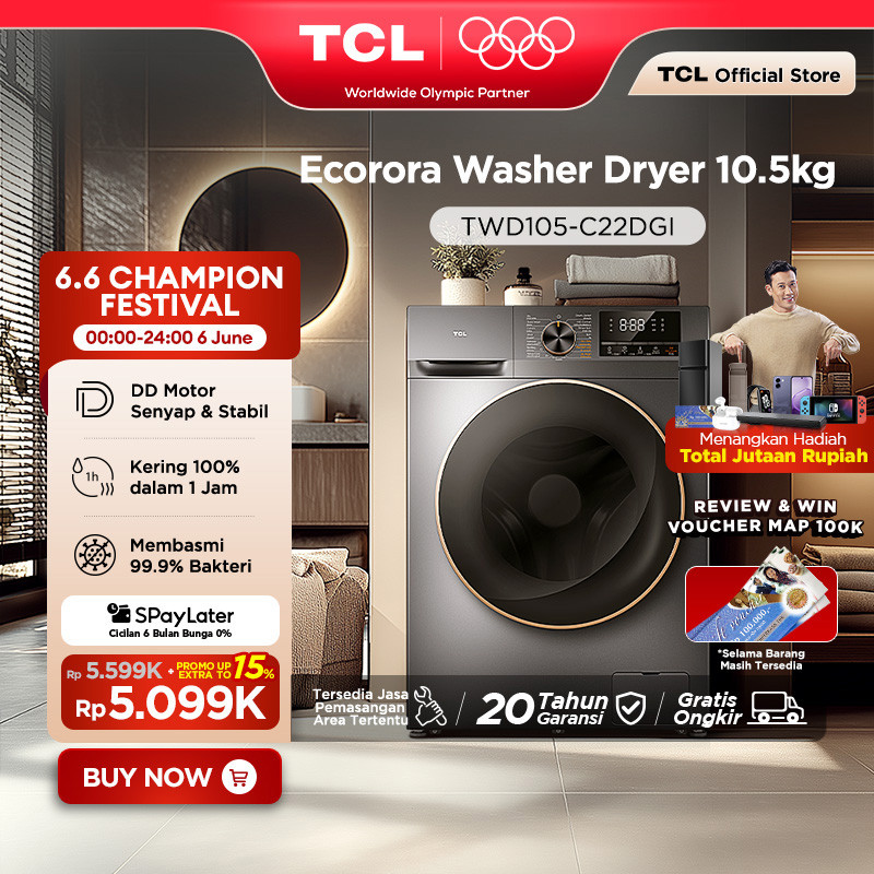 TCL Mesin Cuci Front Loading Washer Dryer 10.5 kg - 100% Kering - Direct Drive Motor - Heat Steriliz