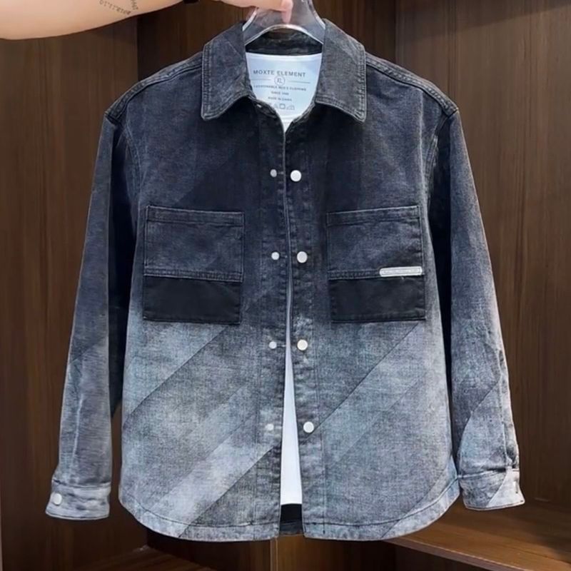 Jaket Denim Pria Gradasi Slim Fit, Jaket Kasual Trendy Musim Gugur
